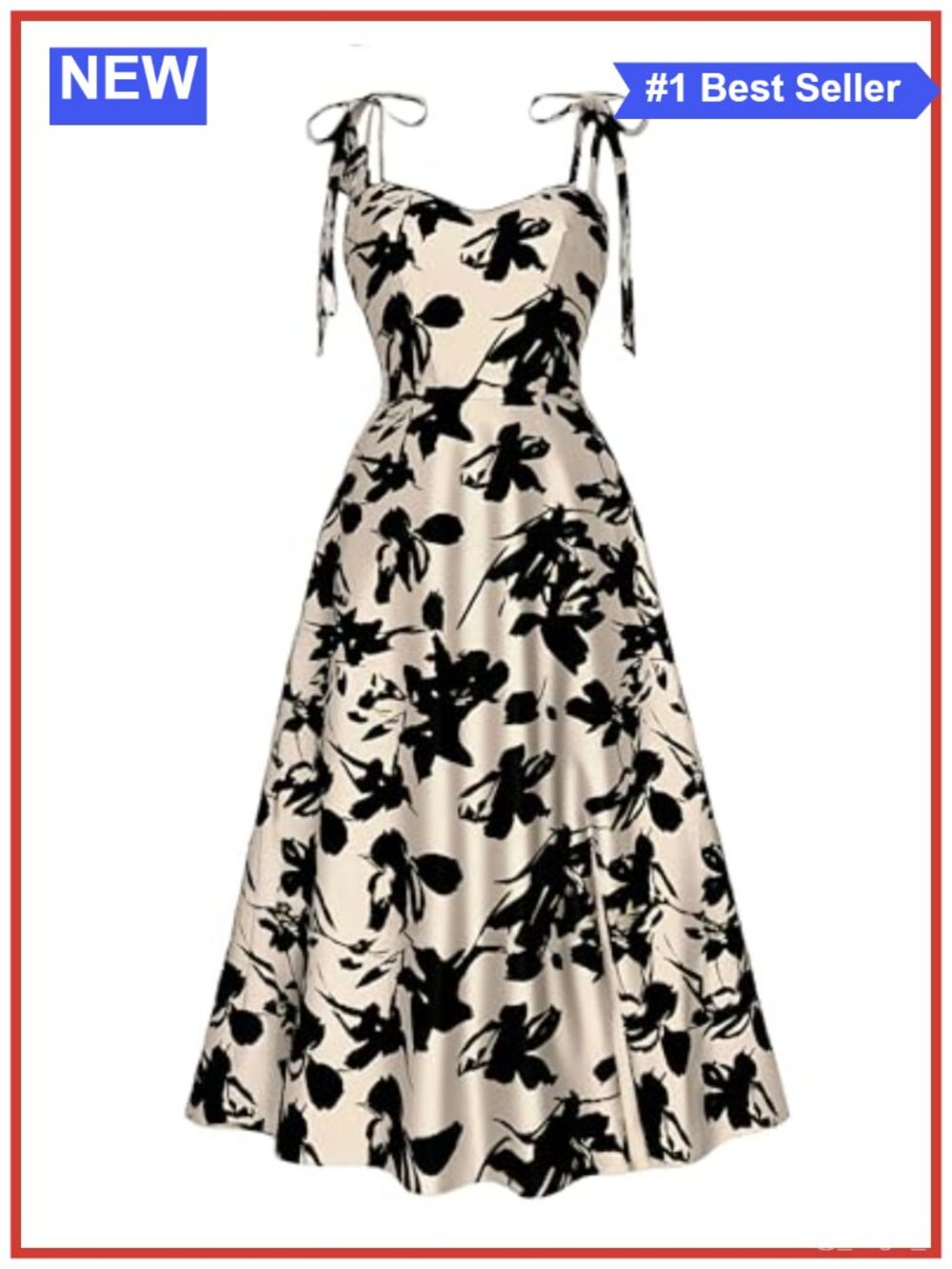 Women's Sleeveless Floral Midi Dress Tie Shoulder A-Line Sweetheart Neck